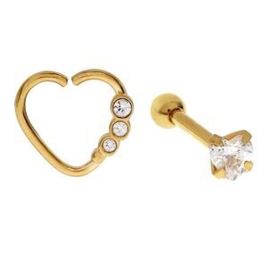 Rhona Sutton Bodifine Stainless Steel Set of 2 Crystal Heart Tragus & Hoop New
